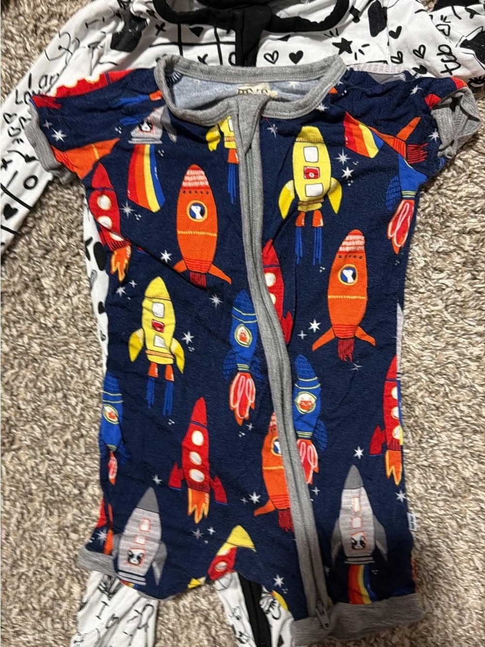 Toddler Rocket Print Zipper Romper - Navy, Red, Yellow